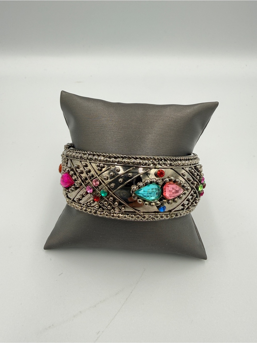Multicolor Crystal Accent Silver-Tone Wide Cuff Bracelet